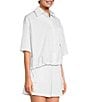 Color:White - Image 3 - Woven Tech Point Collar Short Sleeve Bungee Waist Cropped Tech Shacket