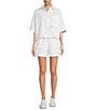 Color:White - Image 5 - Woven Tech Point Collar Short Sleeve Bungee Waist Cropped Tech Shacket