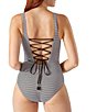 Color:Double Chocolate - Image 2 - Breaker Bay Stripe Reversible Stripe to Solid Lace Back One Piece Swimsuit