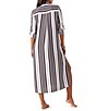 Color:Double Chocolate - Image 2 - Breaker Bay Striped Point Collar 3/4 Roll-Tab Sleeve Button Front Midi Duster Swim Cover -p