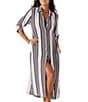 Color:Double Chocolate - Image 1 - Breaker Bay Striped Point Collar 3/4 Roll-Tab Sleeve Button Front Midi Duster Swim Cover-Up