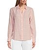 Color:Passion Peach - Image 1 - Cabana Woven Striped Print Point Collar Long Sleeve Shirt