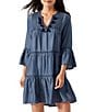 Color:Chambray - Image 1 - Chambray Embroidered Tiered Swim Cover-Up Dress