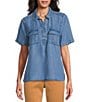 Tommy Bahama Chambray O'Lei Utility Short Sleeve Popover Top, Color:Medium Indigo Wash - Image 1
