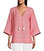 Color:Paradise Pink - Image 1 - Coastalina 3/4 Sleeve V-Neck Tassel Linen Tunic