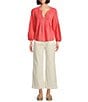 Tommy Bahama Coastalina Pintuck Solid Linen Plain Weave Split V-Neck Long Sleeve Peasant Top, Color:Melon Berry - Image 3