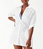 Color:White - Image 3 - Cotton Clip Jacquard Burnout Boyfriend Swim Cover Up Shirt