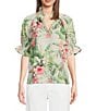 Color:White - Image 1 - Day Break Hibiscus Short Sleeve Ruffle Top