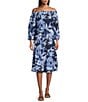 Tommy Bahama Floral Print Gauze Off-The-Shoulder 3/4 Sleeve Side Pocket Belted Dress, Color:Island Navy - Image 1