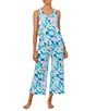 Color:Aqua Print - Image 1 - Floral Print Sleeveless Round Neck Cropped Pant Pajama Set