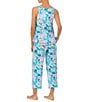 Color:Aqua Print - Image 2 - Floral Print Sleeveless Round Neck Cropped Pant Pajama Set