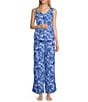 Color:White/Blue Floral - Image 1 - Floral Print Sleeveless V-Neck Woven Pajama Set