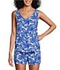 Color:White/Blue Floral - Image 1 - Floral Print Sleeveless V-Neck Woven Shorty Pajama Set