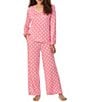 Color:Pink Print - Image 1 - Geometric Print Long Sleeve V-Neck Knit Pajama Set