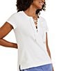 Color:White - Image 1 - Gold Hardware Lace Up V-Neck Short Sleeve Ribbed Detail Side Slit Hem Tee Shirt