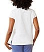 Color:White - Image 2 - Gold Hardware Lace Up V-Neck Short Sleeve Ribbed Detail Side Slit Hem Tee Shirt