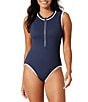 Color:Mare Navy - Image 1 - Island Cays Cabana Solid High Neck Front Zip One Piece Swimsuit