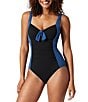 Tommy Bahama Island Cays Color Block Tie Front Tummy Control Tank One Piece Swimsuit, Color:Indigo - Image 1