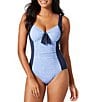 Color:Blue Monday Heather - Image 1 - Island Cays Color Block Tie Front Tummy Control Tank One Piece Swimsuit