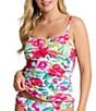 Tommy Bahama Island Cays Fiesta Floral Print Textured Square Neck Reversible Maillot Tankini Swim Top, Color:White Rev - Image 1
