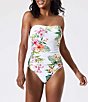 Color:White - Image 1 - Island Cays Floral Print Bandeau Tummy Control One Piece Swimsuit
