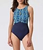 Color:Beaming Blue - Image 1 - Island Cays Ikat High Neck One Piece Swimsuit