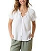 Color:White - Image 1 - Island Double Gauze Split V-Neck Short Puff Sleeves Button Front Top