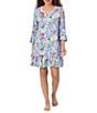 Color:Blue/Pink - Image 1 - Knit Floral Split Round Neck 3/4 Sleeve Ruffle Hem Nightgown
