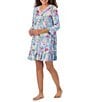 Color:Blue/Pink - Image 2 - Knit Floral Split Round Neck 3/4 Sleeve Ruffle Hem Nightgown