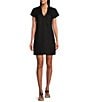 Color:Black - Image 1 - Linen Blend Johnny Collar Short Sleeve Side Pocket Shirt Dress
