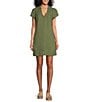 Color:Tea Leaf - Image 1 - Linen Blend Johnny Collar Short Sleeve Side Pocket Shirt Dress