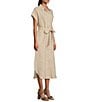 Color:Natural Linen - Image 3 - Linen Point Collar Short Sleeve Belted Side Pocket Midi Shirt Dress