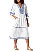 Color:White - Image 1 - Mykonos Embroidered Tiered Hem Swim Cover-Up Midi Dress