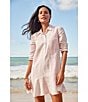 Color:Cameo - Image 4 - Ocean Reverie Linen Striped Long Sleeve Ruffle Shirt Dress