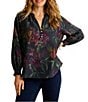 Tommy Bahama Orchid Isle Ruffle Neckline Button Front Placket Long Sleeve Top, Color:Black - Image 1