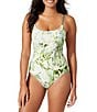 Color:Lt Swimming Pool - Image 1 - Paradise Fronds Reversible Square Neck Maillot One Piece Swimsuit