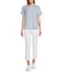 Color:Linen Sky - Image 3 - Point Collar Short Sleeve Button Front Top