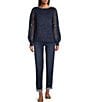 Color:Island Navy - Image 3 - Metallic Shimmer Boat Neck Long Balloon Sleeve Wool Blend Sweater