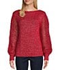 Color:Tango Red - Image 1 - Metallic Shimmer Boat Neck Long Balloon Sleeve Wool Blend Sweater