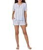 Color:Blue Stripe - Image 1 - Short Sleeve Split Round Neck Coordinating Striped Knit Pajama Set