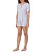 Color:Blue Stripe - Image 3 - Short Sleeve Split Round Neck Coordinating Striped Knit Pajama Set