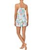 Color:White Multi - Image 2 - Sleeveless Strappy Square Neck Ruffle Hem Short Floral Striped Knit Pajama Set