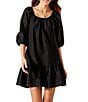 Color:Black - Image 1 - St. Lucia Off-the-Shoulder 3/4 Sleeve Belted Tiered Cover-Up Dress