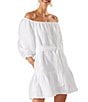Color:White - Image 1 - St. Lucia Off-the-Shoulder 3/4 Sleeve Belted Tiered Cover-Up Dress
