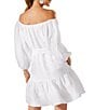 Color:White - Image 2 - St. Lucia Off-the-Shoulder 3/4 Sleeve Belted Tiered Cover-Up Dress