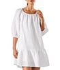 Color:White - Image 3 - St. Lucia Off-the-Shoulder 3/4 Sleeve Belted Tiered Cover-Up Dress