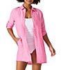 Color:Preppy Pink - Image 1 - St. Lucia Point Collar Short Roll-Tab Sleeve Fray Hem Button Front Boyfriend Swim Cover Up