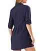 Color:Mare Navy - Image 2 - St. Lucia Point Collar Short Roll-Tab Sleeve Fray Hem Button Front Boyfriend Swim Cover Up