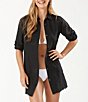 Color:Black - Image 1 - St. Lucia Point Collar Short Roll-Tab Sleeve Fray Hem Button Front Boyfriend Swim Cover Up