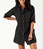 Color:Black - Image 3 - St. Lucia Point Collar Short Roll-Tab Sleeve Fray Hem Button Front Boyfriend Swim Cover Up
